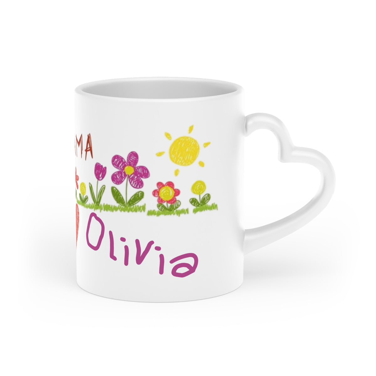 Mama Custom Art and Personalized Name, Heart-Shaped Coffee Tea Mug, Gift from Kids to Mom for Mother's Day, Birthday Gift, Christmas Present