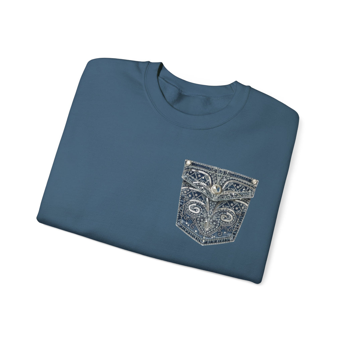 Faux Denim Pocket Sweatshirt, Embellished Pocket Crewneck, Unisex Cozy Sweater, Gildan 18000 Pullover Gift