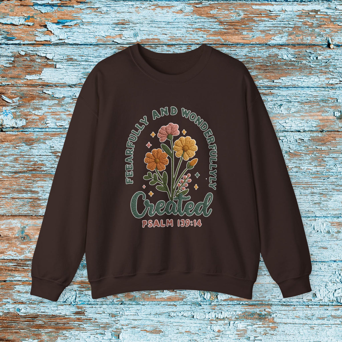 Fearfully and Wonderfully Created Sweatshirt, Psalm 139:14 Christian Crewneck, Faux Crochet Yarn Look Faith Sweater