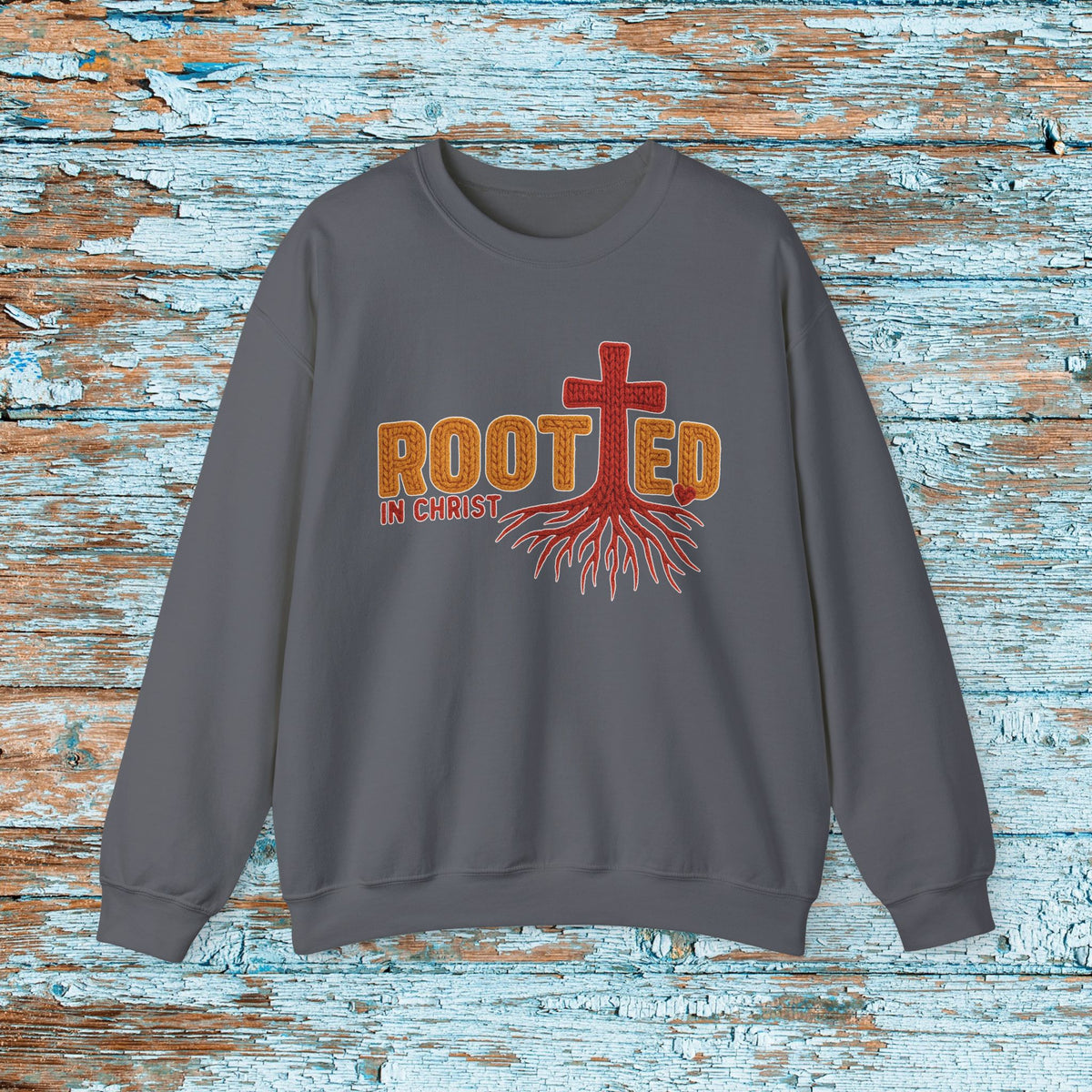 Rooted in Christ Sweatshirt, Christian Crewneck with Cross and Roots, Faith Based Gildan 18000 Unisex Sweater