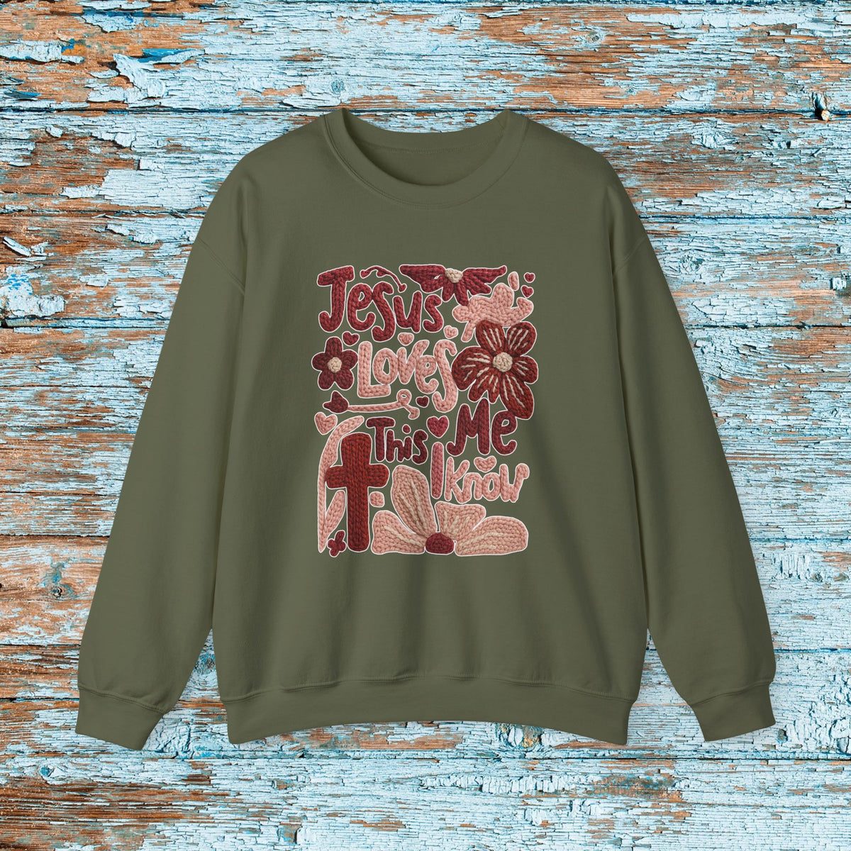 Jesus Loves Me Sweatshirt, Christian Boho Faux Yarn Crewneck, Faith Floral Sunday School Church Shirt Gildan 18000 Unisex Sweater