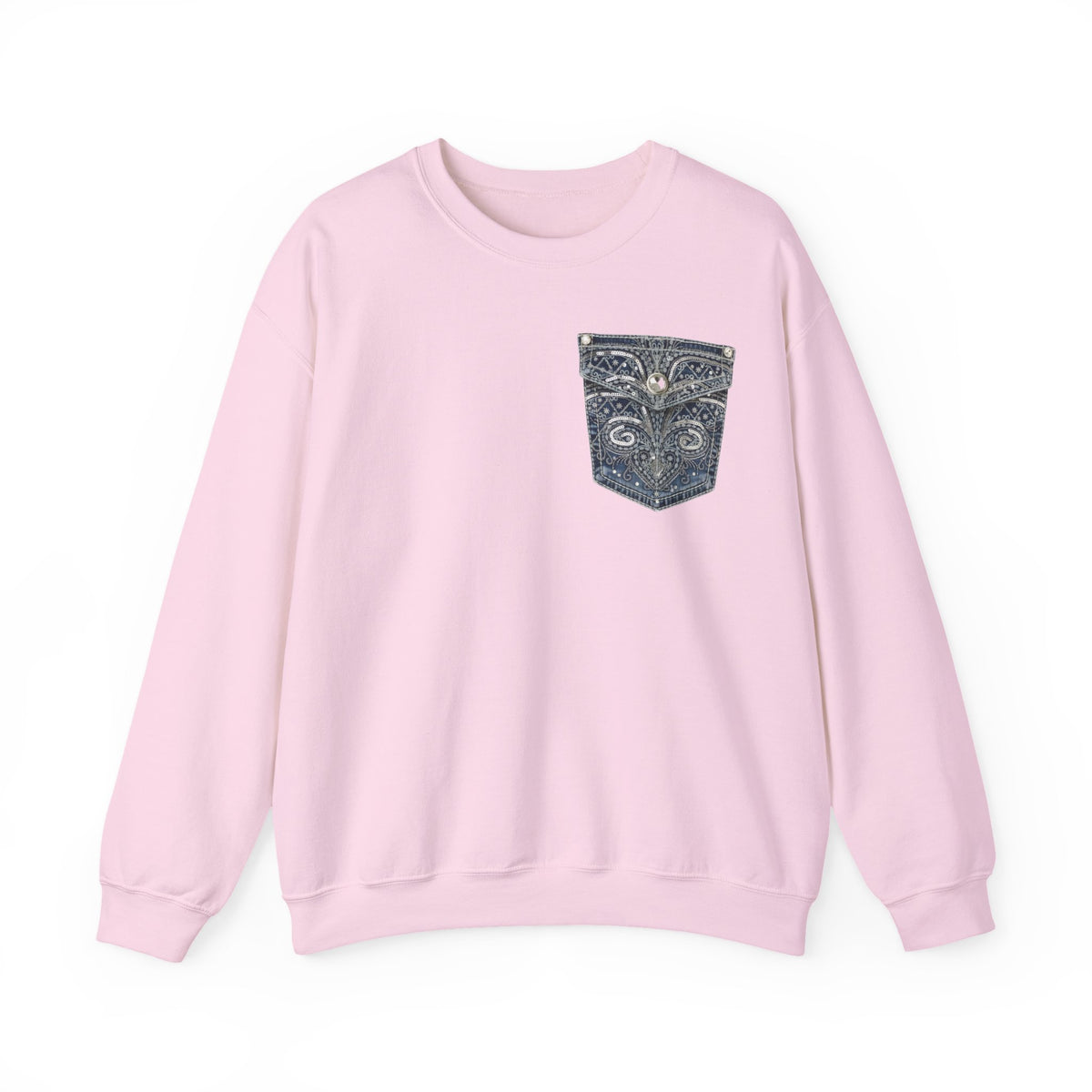 Faux Denim Pocket Sweatshirt, Embellished Pocket Crewneck, Unisex Cozy Sweater, Gildan 18000 Pullover Gift