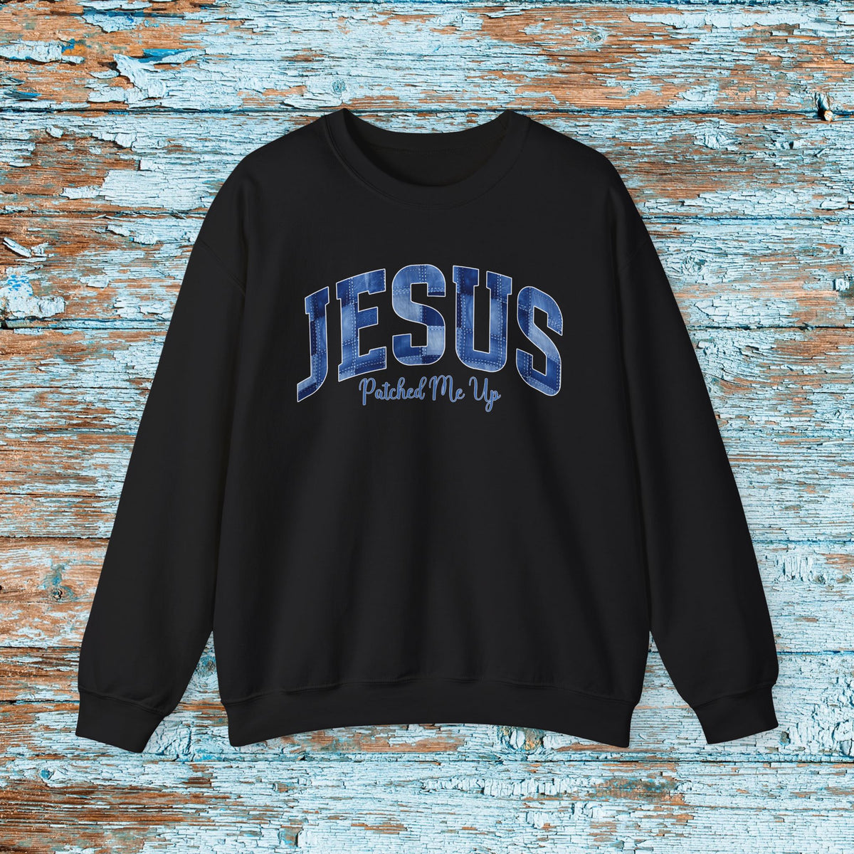 Christian Jesus Denim Patchwork Sweatshirt, Cute Baptism Gift, Cozy Religious Crewneck for Mom or Grandma, Faith Bible Study Church Wear