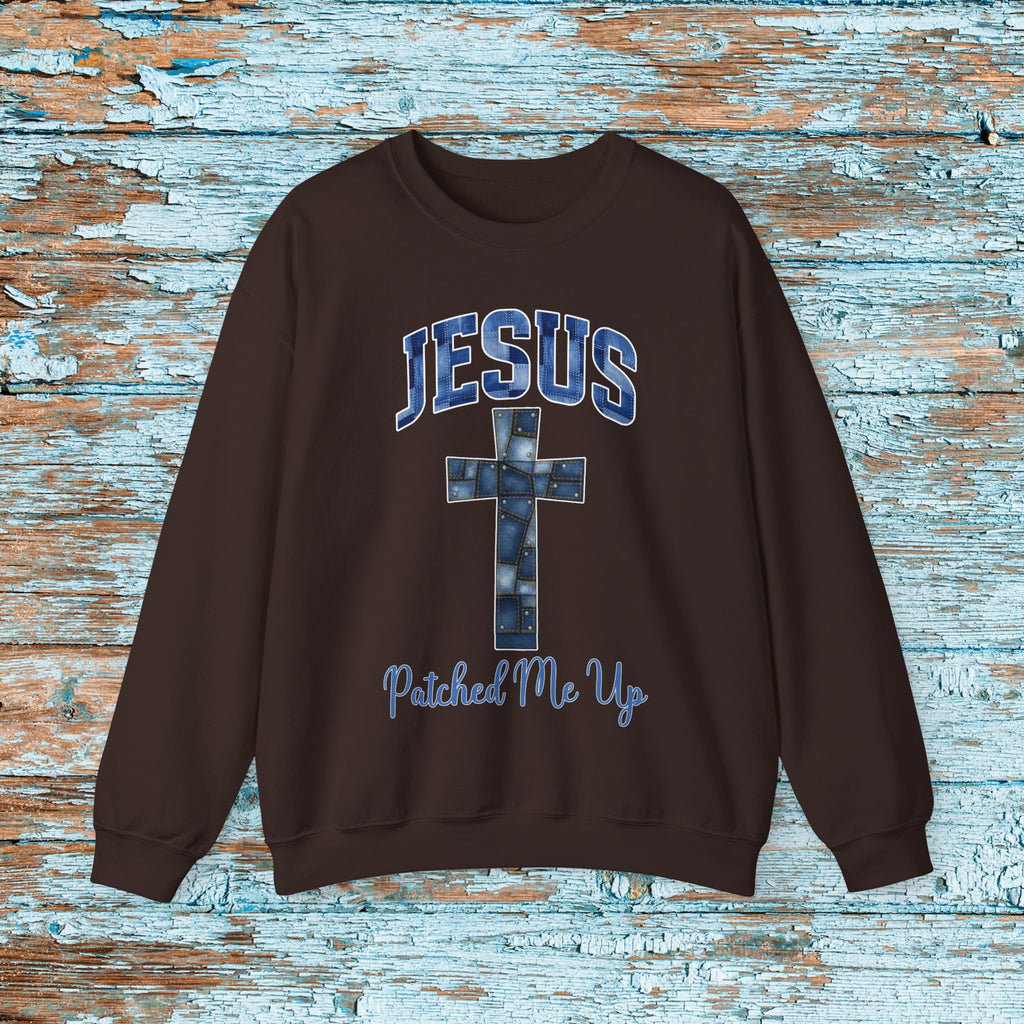 Christian Cross Denim Patchwork Crewneck Sweatshirt Cute Baptism Religious Cozy Season Gift for Mom Grandma Bible Study Witness for Christ