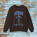 Christian Cross Denim Patchwork Crewneck Sweatshirt Cute Baptism Religious Cozy Season Gift for Mom Grandma Bible Study Witness for Christ