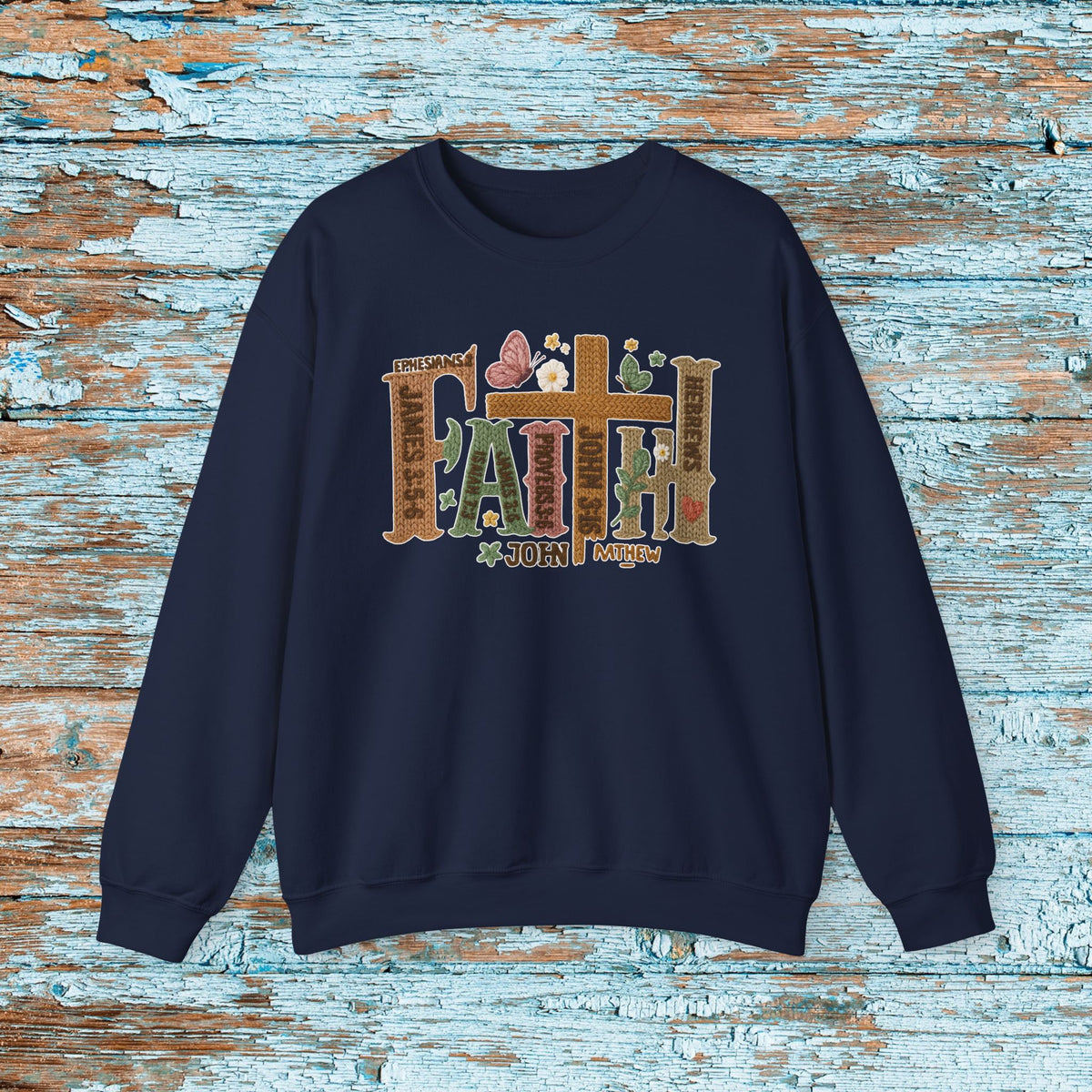 Faith Christian Sweatshirt, Faux Yarn Bible Verse Crewneck, Scripture Cross Floral Gildan 18000 Faith Sweater