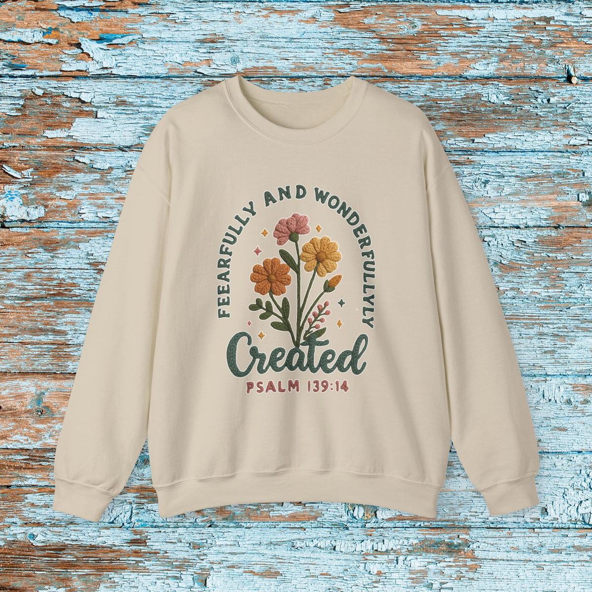 Fearfully and Wonderfully Created Sweatshirt, Psalm 139:14 Christian Crewneck, Faux Crochet Yarn Look Faith Sweater