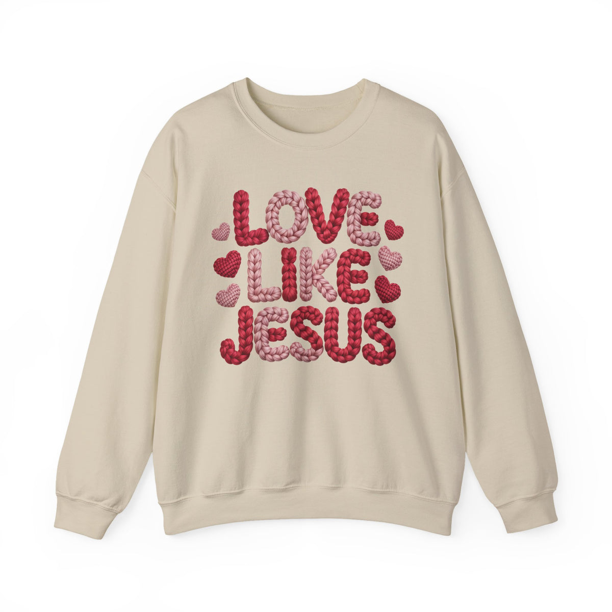 Love Like Jesus Faux Yarn Sweatshirt, Christian Valentine Crewneck, Knitted Look Faith Sweater, Religious Gift for Her Him, Gildan 18000