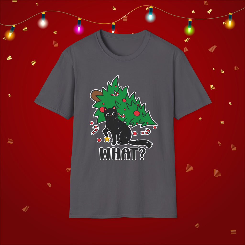 Funny Cat Christmas Shirt What? Christmas Tree Knocked Over Tee Cute Holiday Cat Lover T-Shirt Humorous Xmas Gift for Pet Owners, Soft Style