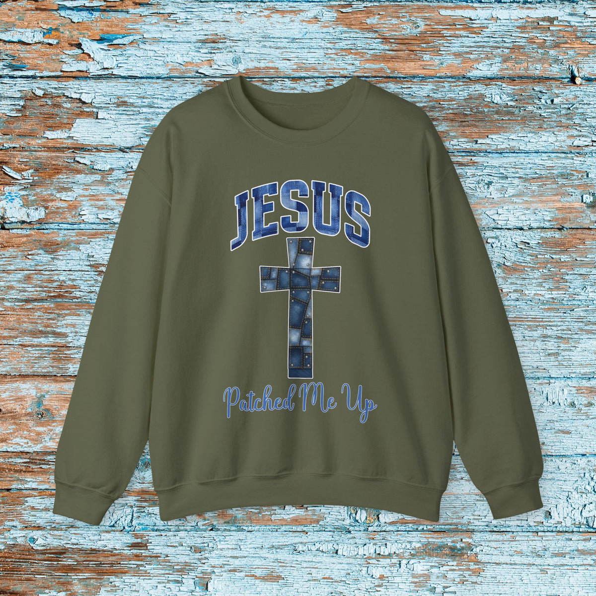 Christian Cross Denim Patchwork Crewneck Sweatshirt Cute Baptism Religious Cozy Season Gift for Mom Grandma Bible Study Witness for Christ