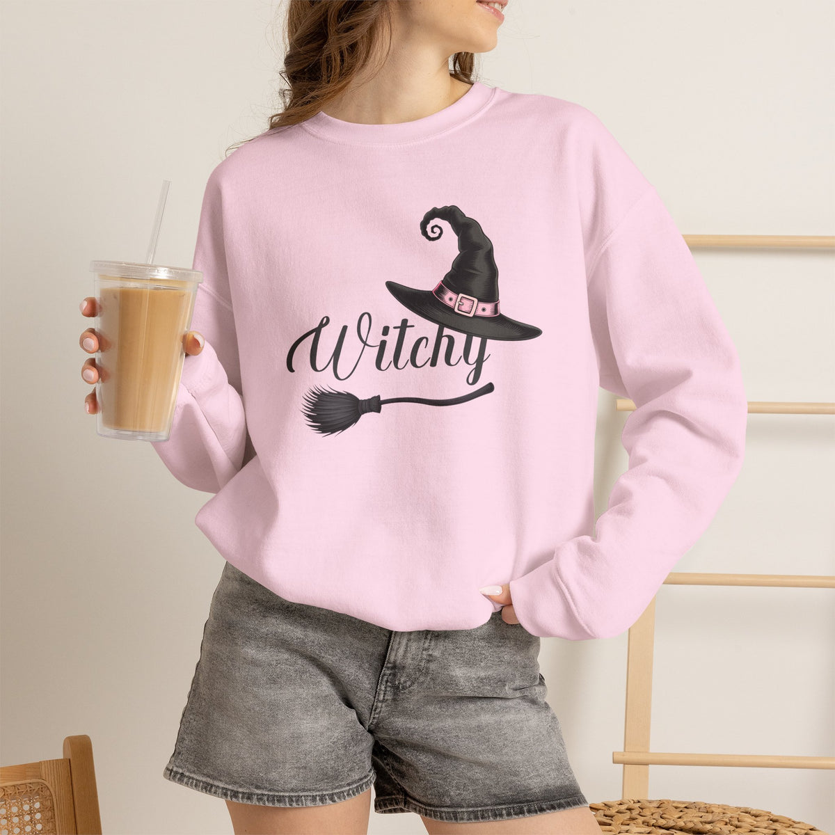Witchy Hat with Broom Sweatshirt | Halloween Witch Crewneck