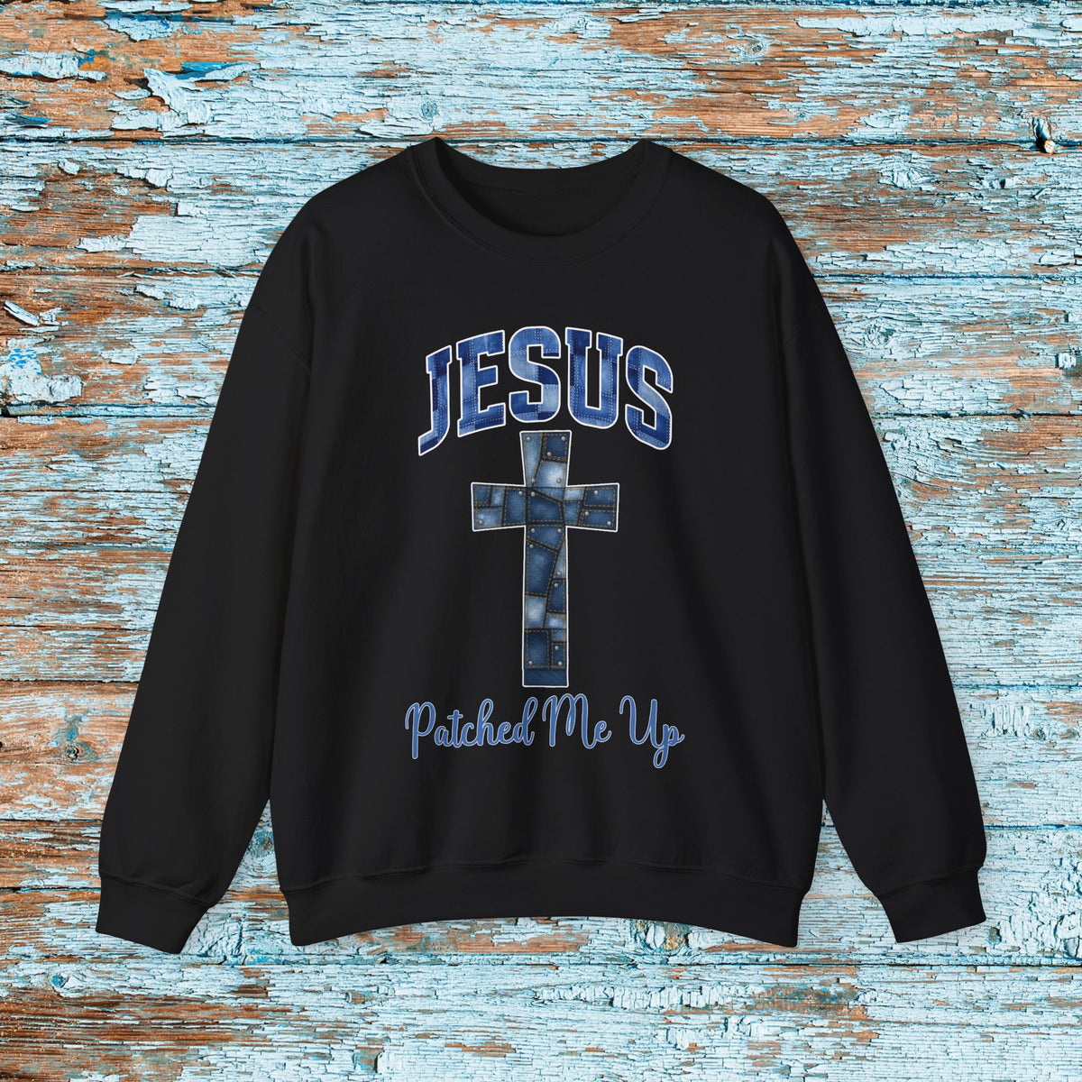 Christian Cross Denim Patchwork Crewneck Sweatshirt Cute Baptism Religious Cozy Season Gift for Mom Grandma Bible Study Witness for Christ