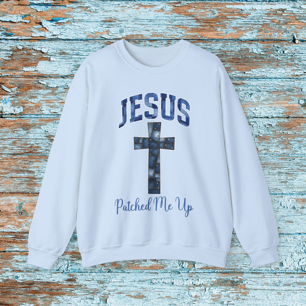 Christian Cross Denim Patchwork Crewneck Sweatshirt Cute Baptism Religious Cozy Season Gift for Mom Grandma Bible Study Witness for Christ