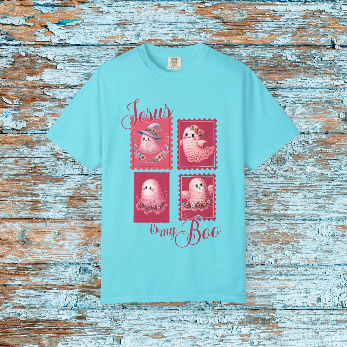 Comfort Colors Christian Halloween Jesus is my Boo Cute Crochet Ghost Postage Stamp Aesthetic Fall T-Shirt