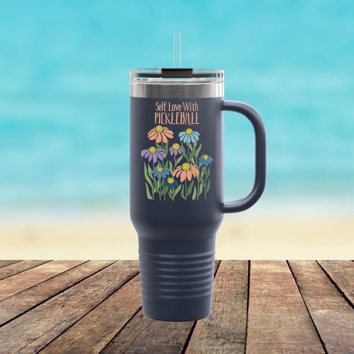 Self Love With Pickleball 40oz Tumbler, Floral Pickleball Travel Mug With Handle, Insulated Stainless Steel Cup, Pickleball Gift