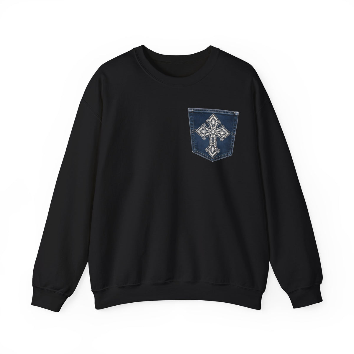 Faux Denim Pocket Sweatshirt, Cross Pocket Print Crewneck, Unisex Heavy Blend Christian Sweater, Faith Gift for Her Him, Gildan 18000