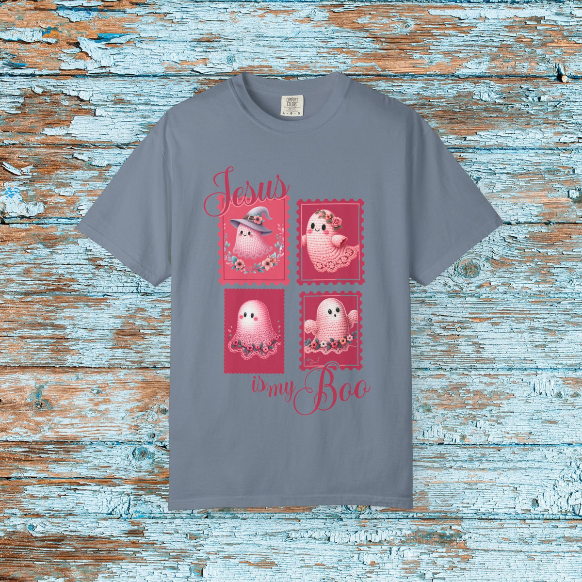 Comfort Colors Christian Halloween Jesus is my Boo Cute Crochet Ghost Postage Stamp Aesthetic Fall T-Shirt