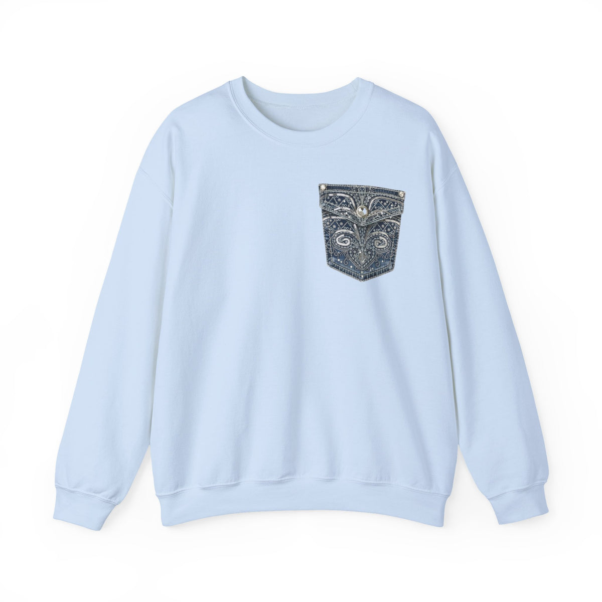 Faux Denim Pocket Sweatshirt, Embellished Pocket Crewneck, Unisex Cozy Sweater, Gildan 18000 Pullover Gift