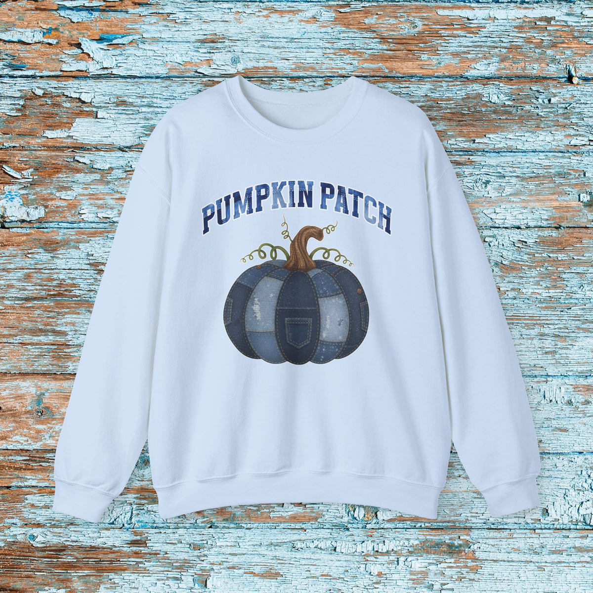 Halloween Pumpkin Patch Denim Patchwork Crewneck Sweatshirt Cute Fall Fun Pumpkin Cozy Season Sweatshirt