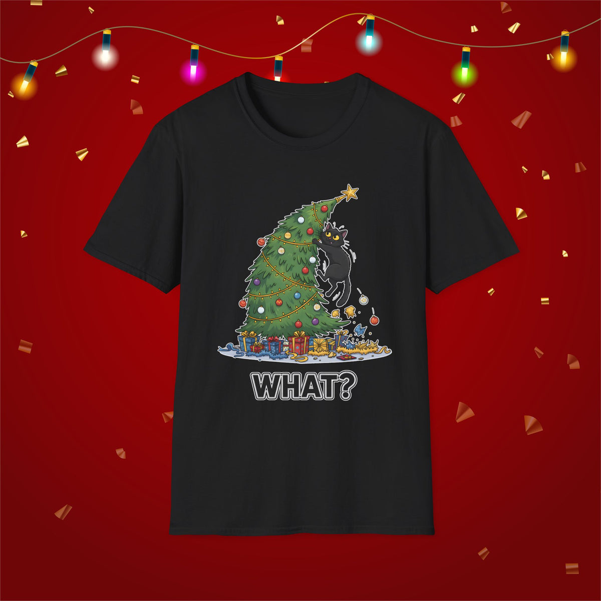 Funny Cat Christmas Shirt What? Christmas Tree Knocked Over Tee Cute Holiday Cat Lover T-Shirt Humorous Xmas Gift for Pet Owners, Soft Style