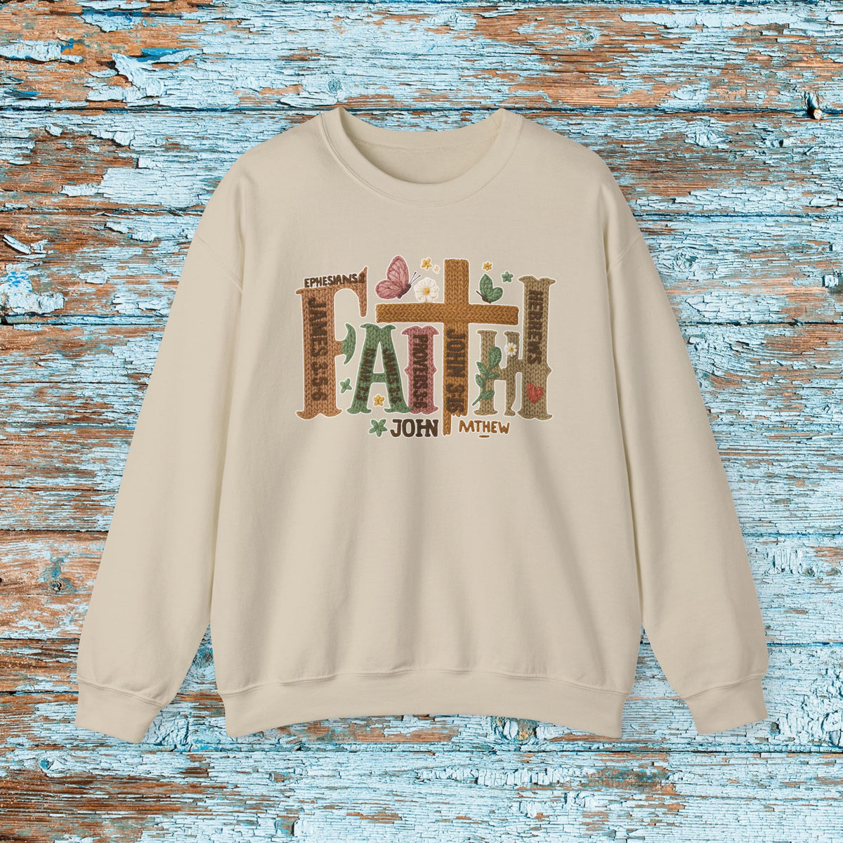 Faith Christian Sweatshirt, Faux Yarn Bible Verse Crewneck, Scripture Cross Floral Gildan 18000 Faith Sweater