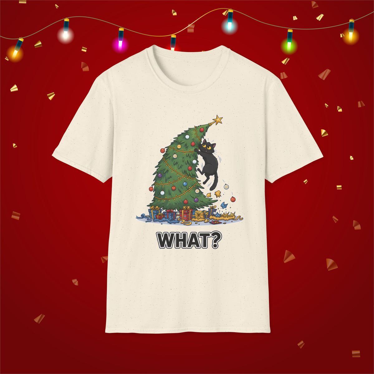 Funny Cat Christmas Shirt What? Christmas Tree Knocked Over Tee Cute Holiday Cat Lover T-Shirt Humorous Xmas Gift for Pet Owners, Soft Style
