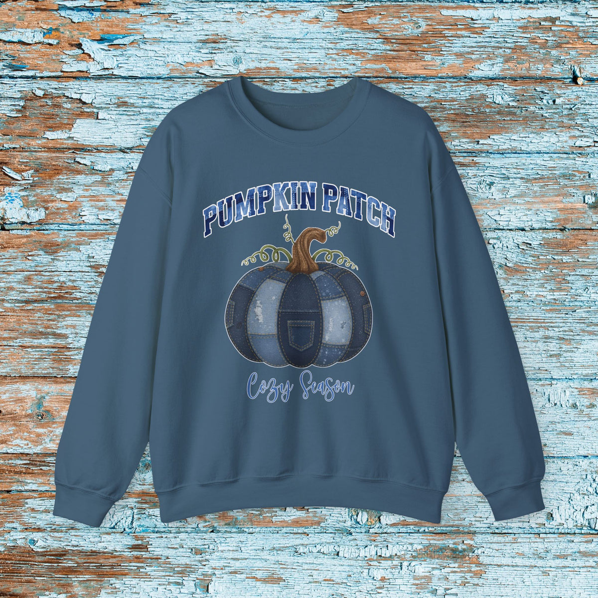 Halloween Pumpkin Patch Denim Patchwork Crewneck Sweatshirt Cute Fall Fun Pumpkin Cozy Season Sweatshirt