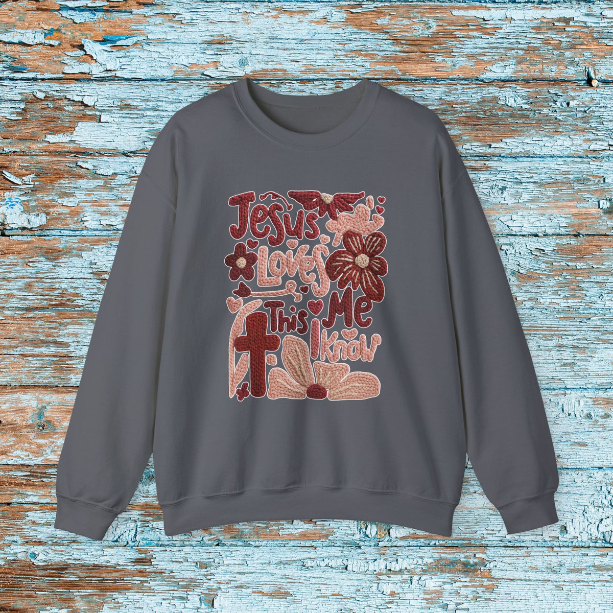 Jesus Loves Me Sweatshirt, Christian Boho Faux Yarn Crewneck, Faith Floral Sunday School Church Shirt Gildan 18000 Unisex Sweater