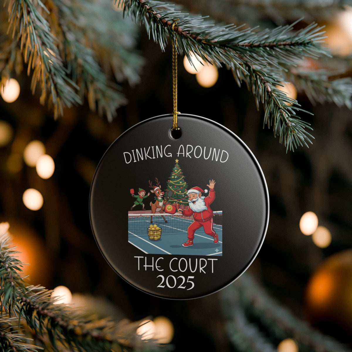 Funny Christmas Ornament Pickleball Santa Dinking Around the Court Ornament | Pickleball Team Gift | Ceramic Holiday Ornament for Players