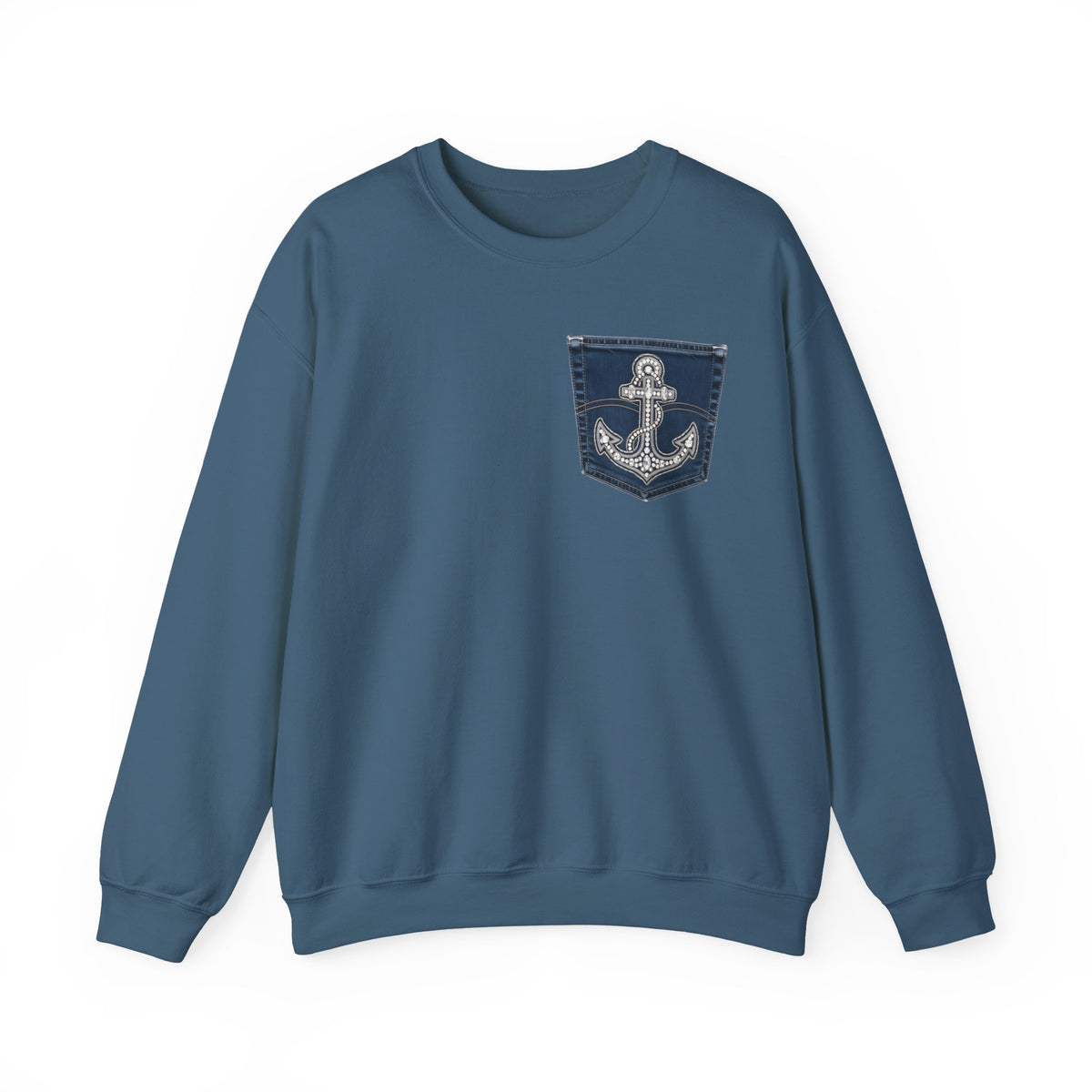 Faux Denim Pocket Sweatshirt, Anchor Pocket Print Crewneck, Jesus Is My Anchor Nautical Christian Sweater, Faith Gift for Her Him