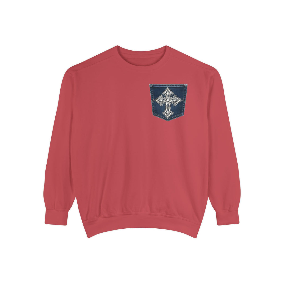 Comfort Colors Faux Denim Pocket Sweatshirt, Cross Pocket Print Crewneck, Garment Dyed Unisex Christian Sweater, Faith Gift for Her Him
