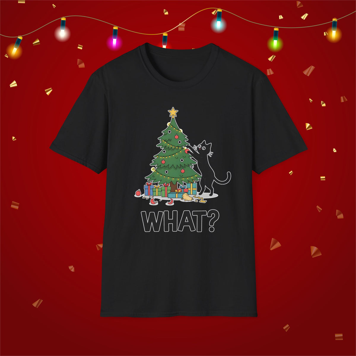 Funny Cat Christmas Shirt What? Christmas Tree Knocked Over Tee Cute Holiday Cat Lover T-Shirt Humorous Xmas Gift for Pet Owners, Soft Style