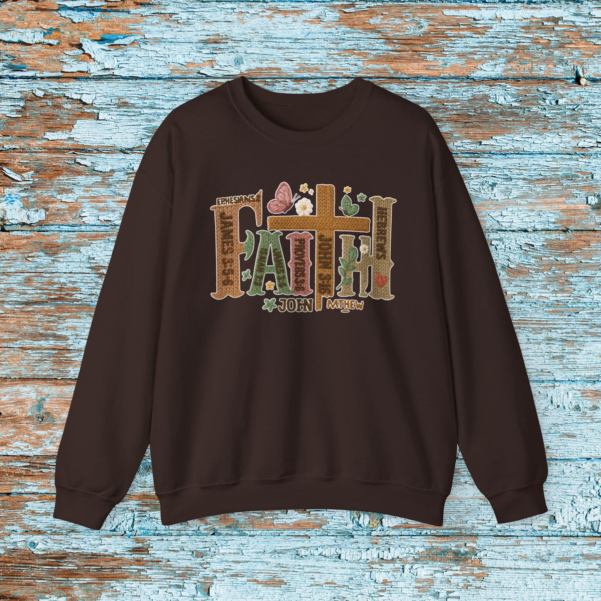 Faith Christian Sweatshirt, Faux Yarn Bible Verse Crewneck, Scripture Cross Floral Gildan 18000 Faith Sweater