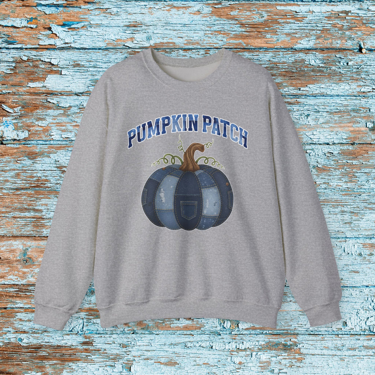 Halloween Pumpkin Patch Denim Patchwork Crewneck Sweatshirt Cute Fall Fun Pumpkin Cozy Season Sweatshirt