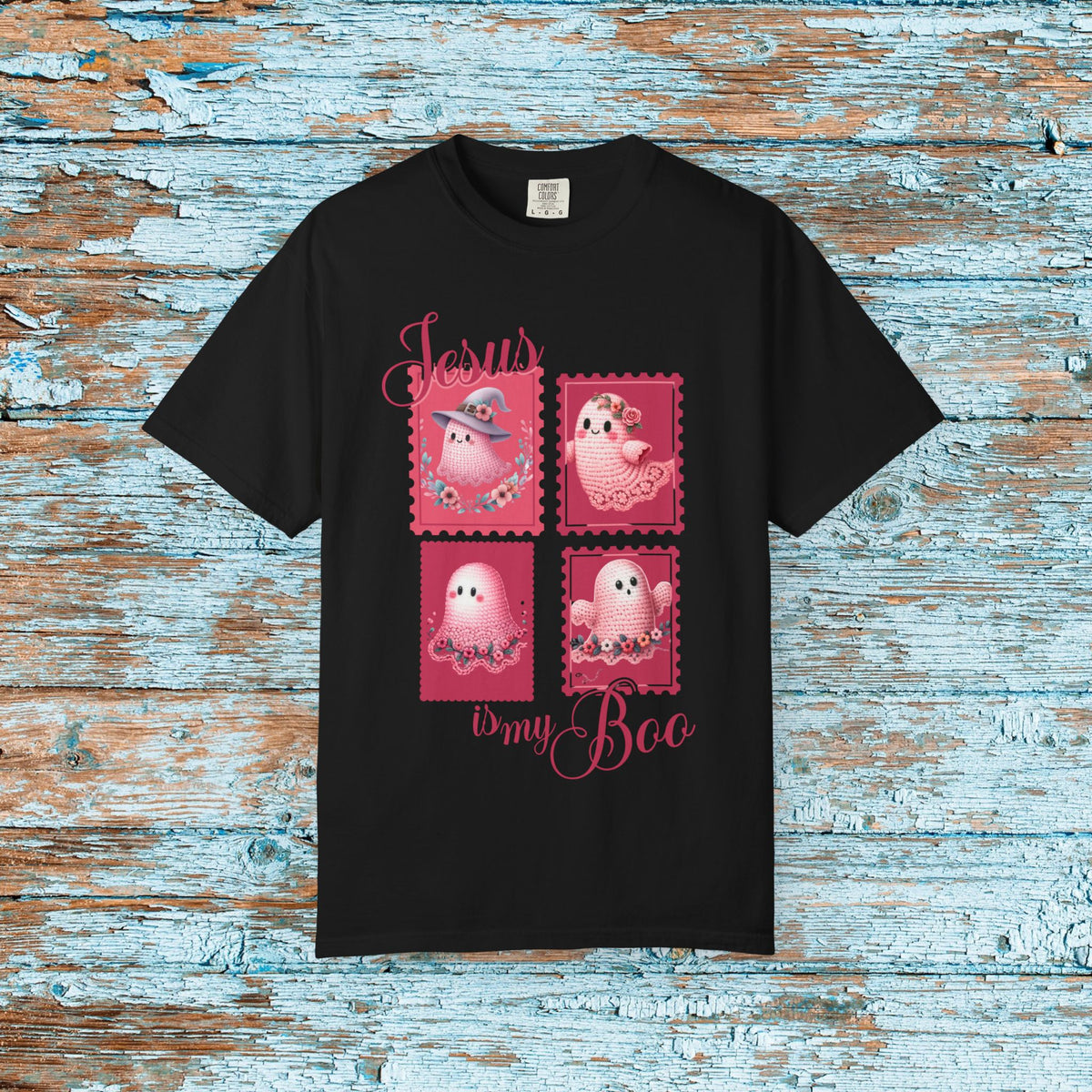 Comfort Colors Christian Halloween Jesus is my Boo Cute Crochet Ghost Postage Stamp Aesthetic Fall T-Shirt
