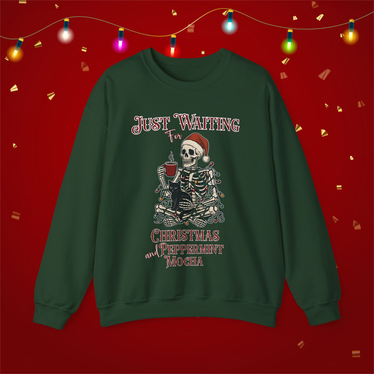 Funny Christmas Sweatshirt Skeleton Waiting for Christmas and Peppermint Mocha Coffee Lover Cat Xmas Sweater Weather