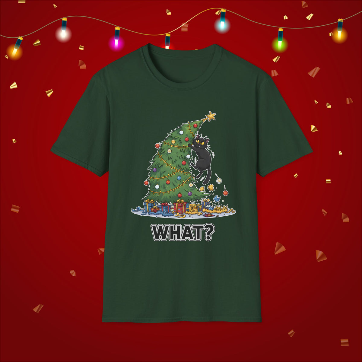 Funny Cat Christmas Shirt What? Christmas Tree Knocked Over Tee Cute Holiday Cat Lover T-Shirt Humorous Xmas Gift for Pet Owners, Soft Style