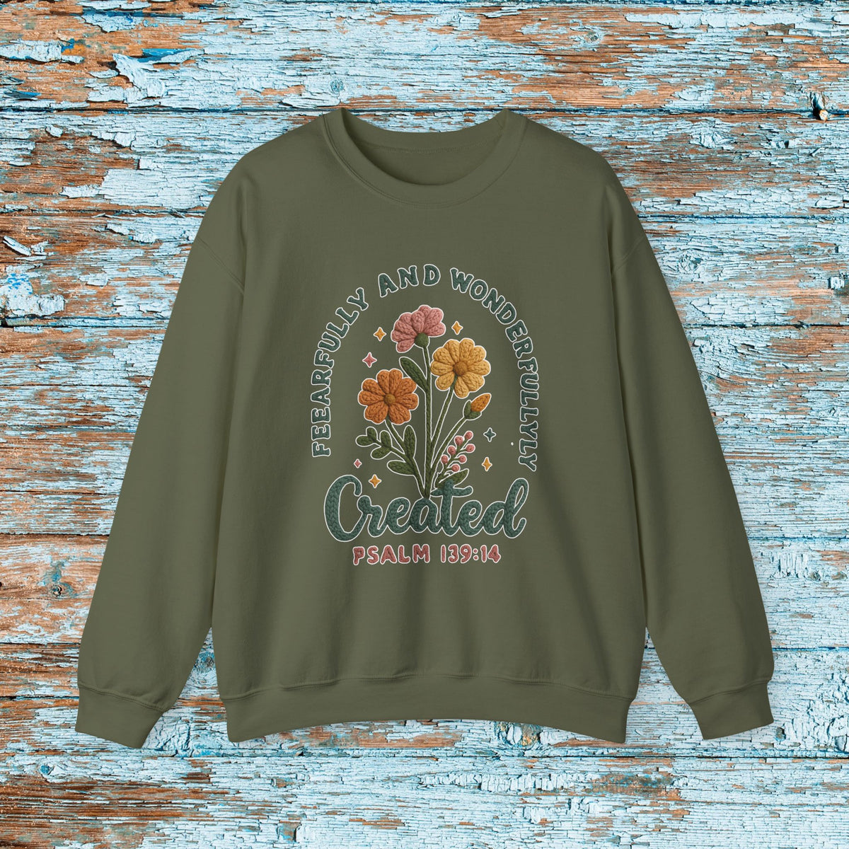 Fearfully and Wonderfully Created Sweatshirt, Psalm 139:14 Christian Crewneck, Faux Crochet Yarn Look Faith Sweater