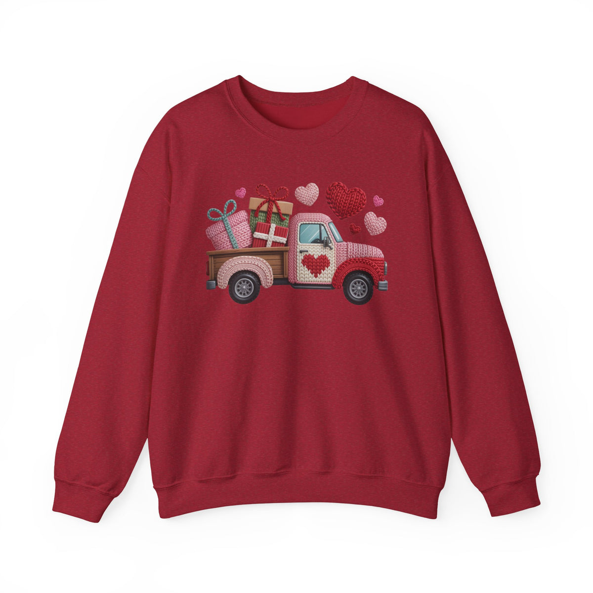 Valentine Truck Faux Yarn Sweatshirt, Pink Gildan 18000 Crewneck, Knitted Look Valentine Sweater, Vintage Truck Heart Gift