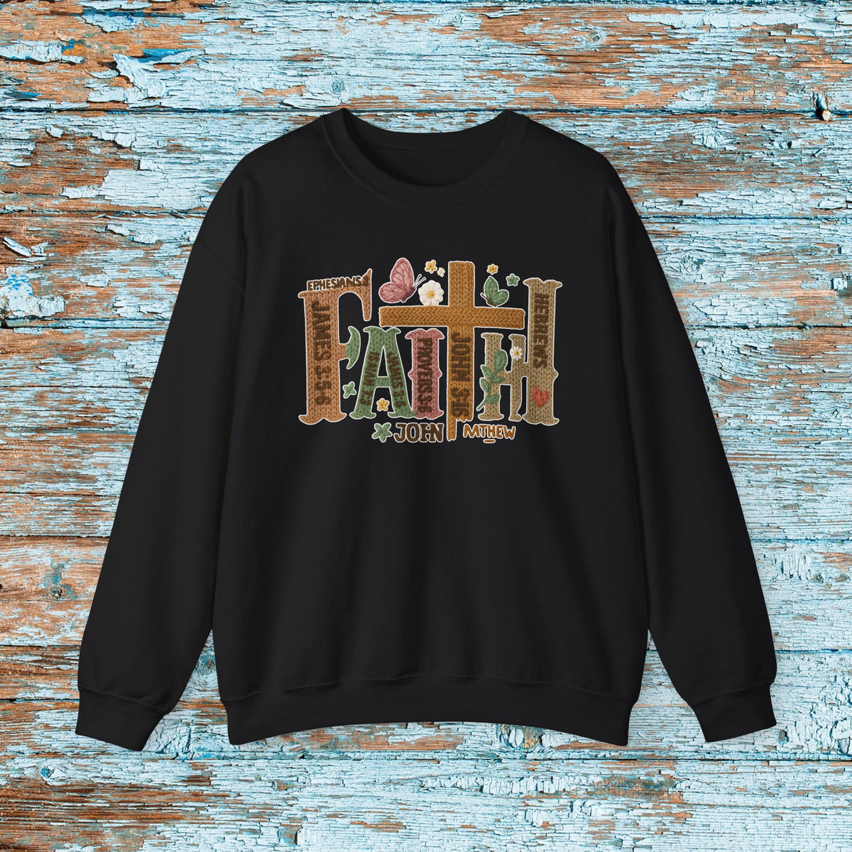 Faith Christian Sweatshirt, Faux Yarn Bible Verse Crewneck, Scripture Cross Floral Gildan 18000 Faith Sweater