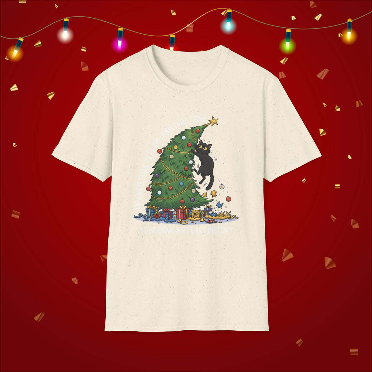 Funny Cat Christmas Shirt What? Christmas Tree Knocked Over Tee Cute Holiday Cat Lover T-Shirt Humorous Xmas Gift for Pet Owners, Soft Style