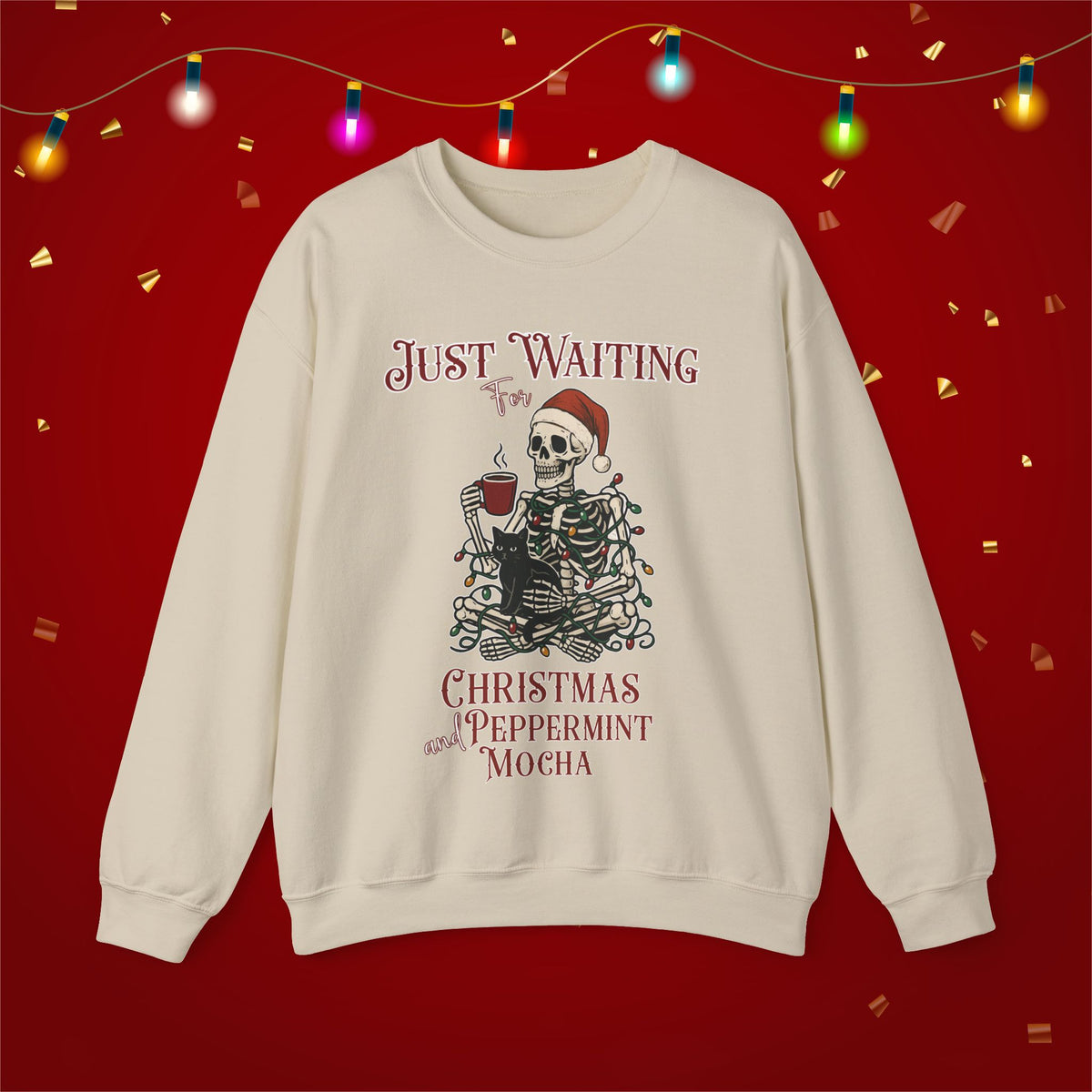 Funny Christmas Sweatshirt Skeleton Waiting for Christmas and Peppermint Mocha Coffee Lover Cat Xmas Sweater Weather