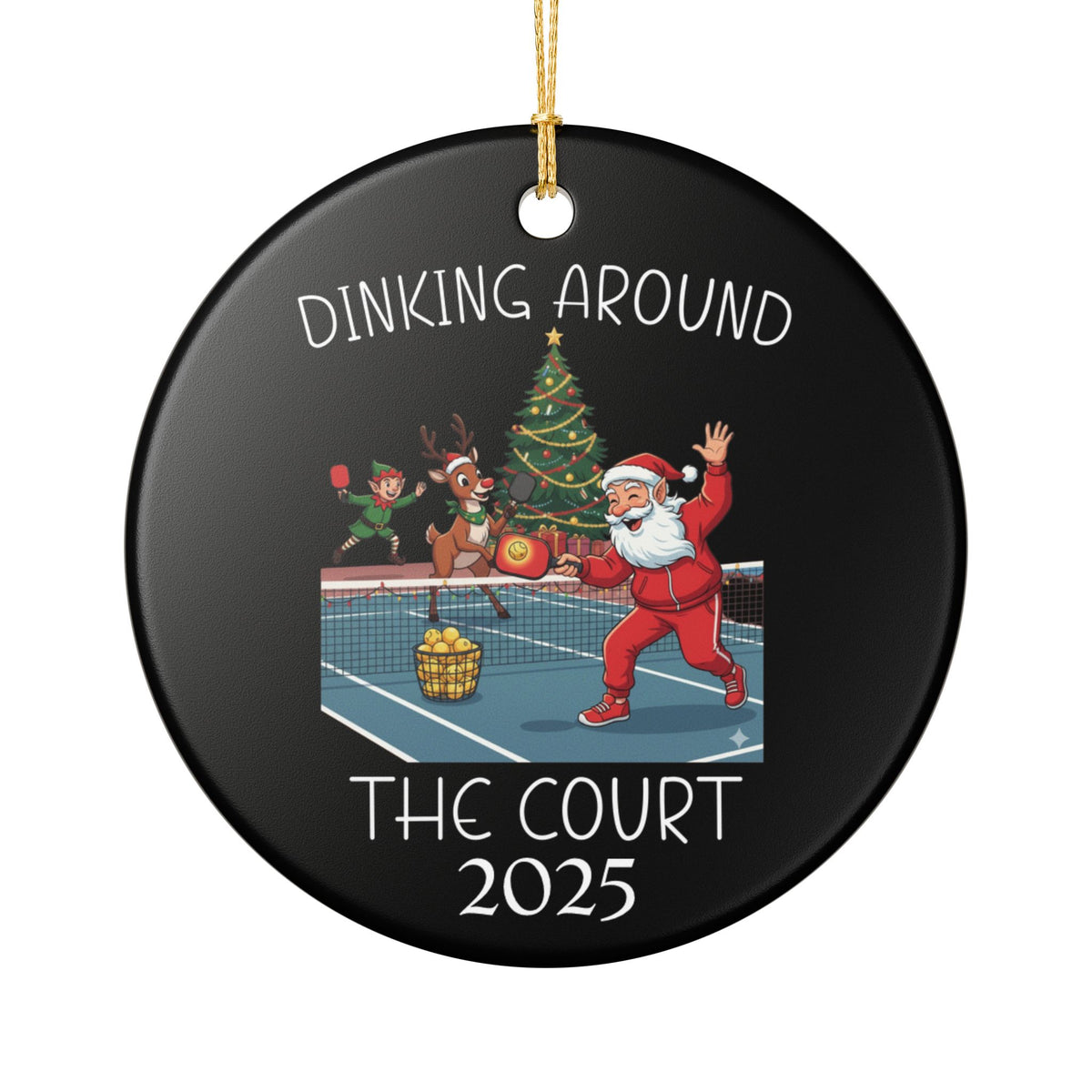 Funny Christmas Ornament Pickleball Santa Dinking Around the Court Ornament | Pickleball Team Gift | Ceramic Holiday Ornament for Players