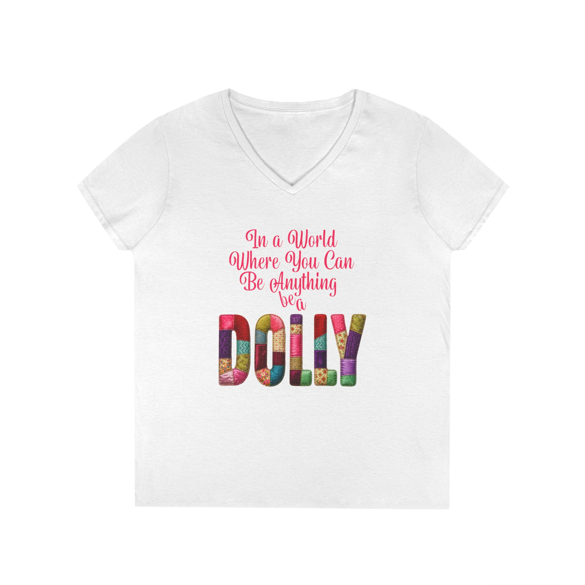 Dolly Tribute Shirt, Coat of Many Colors, Faux Quilt, Patchwork Aesthetic T-Shirt, Ladies' V-Neck T-Shirt