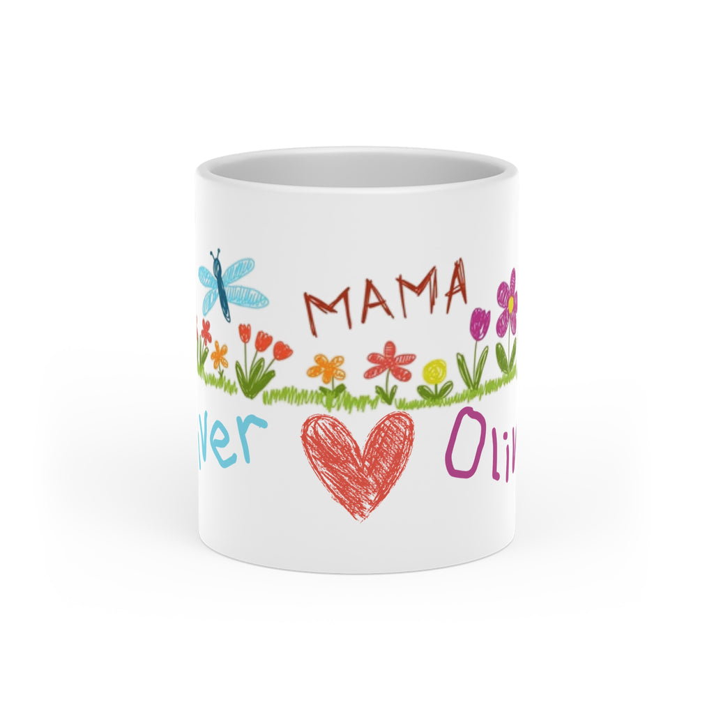 Mama Custom Art and Personalized Name, Heart-Shaped Coffee Tea Mug, Gift from Kids to Mom for Mother's Day, Birthday Gift, Christmas Present