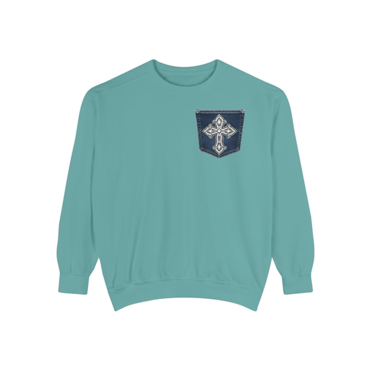 Comfort Colors Faux Denim Pocket Sweatshirt, Cross Pocket Print Crewneck, Garment Dyed Unisex Christian Sweater, Faith Gift for Her Him