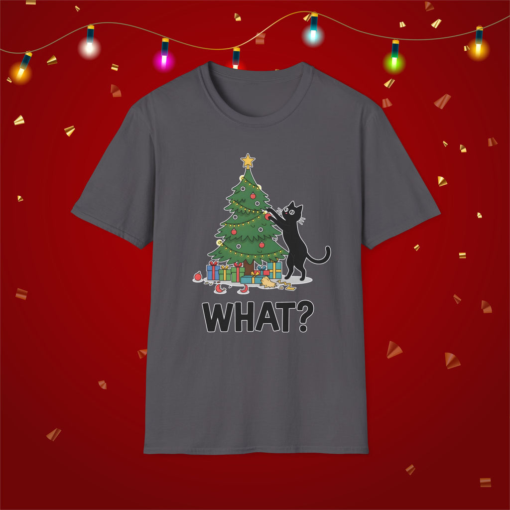 Funny Cat Christmas Shirt What? Christmas Tree Knocked Over Tee Cute Holiday Cat Lover T-Shirt Humorous Xmas Gift for Pet Owners, Soft Style
