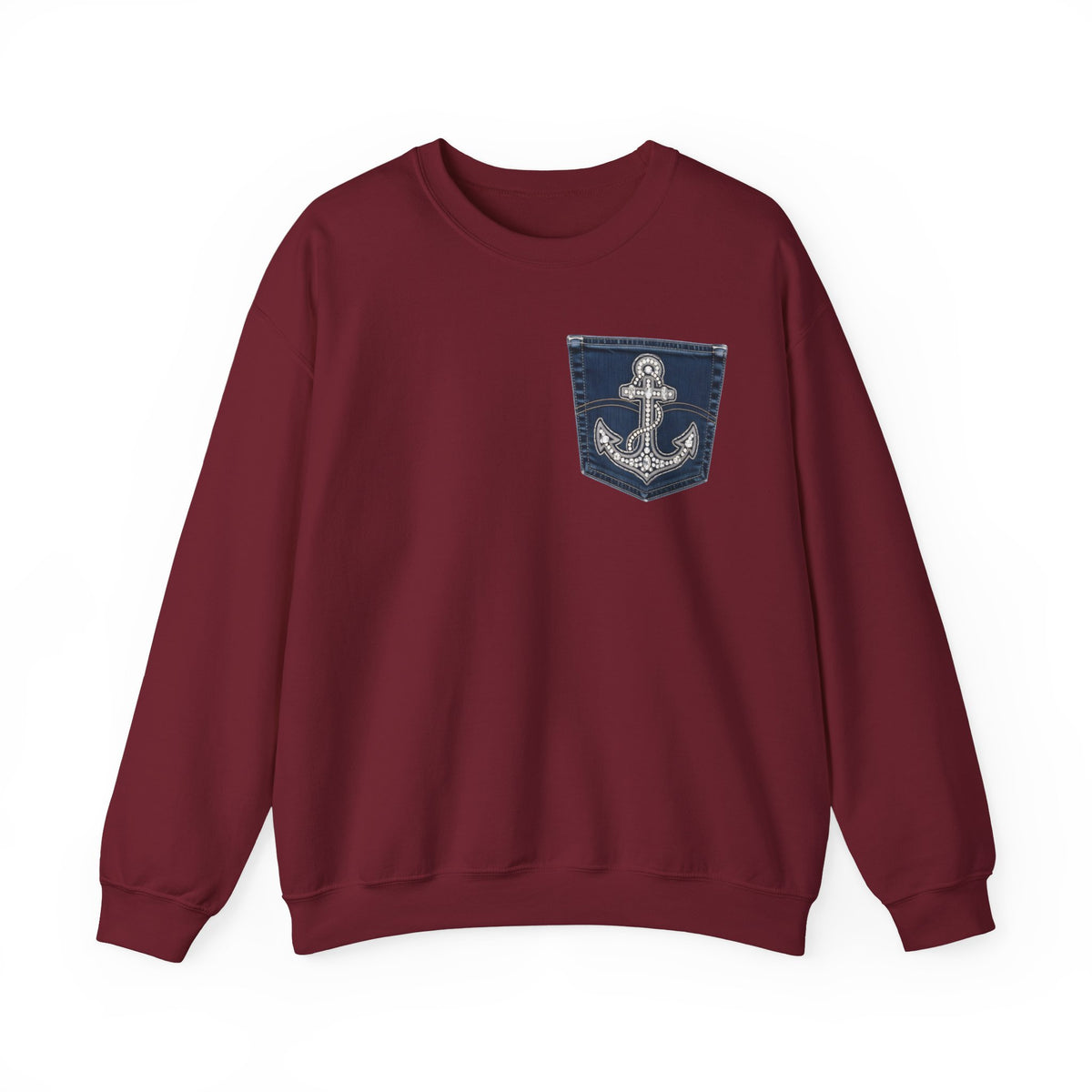 Faux Denim Pocket Sweatshirt, Anchor Pocket Print Crewneck, Jesus Is My Anchor Nautical Christian Sweater, Faith Gift for Her Him