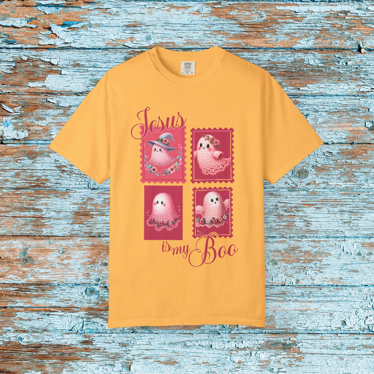 Comfort Colors Christian Halloween Jesus is my Boo Cute Crochet Ghost Postage Stamp Aesthetic Fall T-Shirt