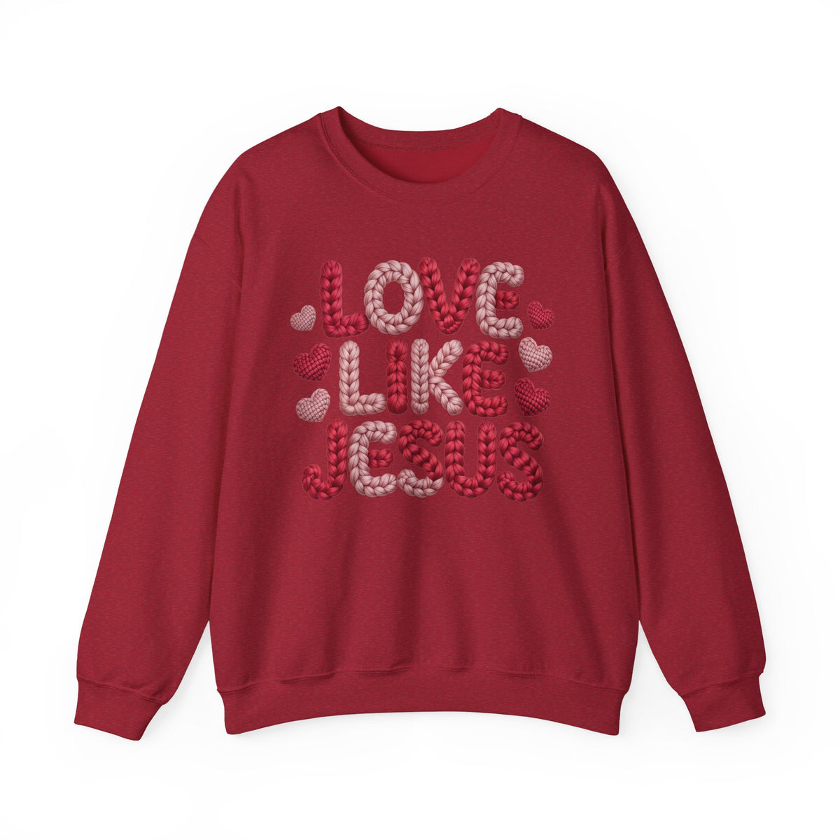 Love Like Jesus Faux Yarn Sweatshirt, Christian Valentine Crewneck, Knitted Look Faith Sweater, Religious Gift for Her Him, Gildan 18000